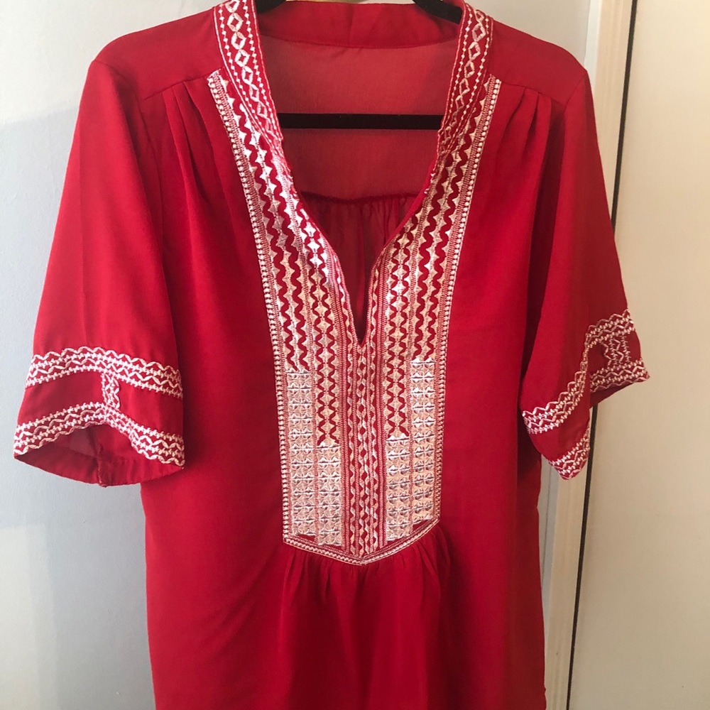Red Embroidered Short Sleeve Top, Size Large, Boho Style